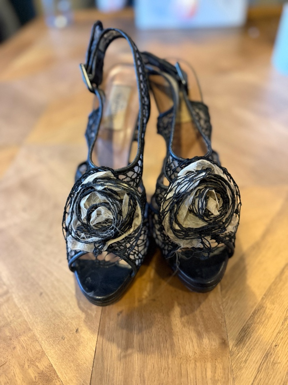 Valentino Black Lace Slingback Heels with Cream Floral Rosette